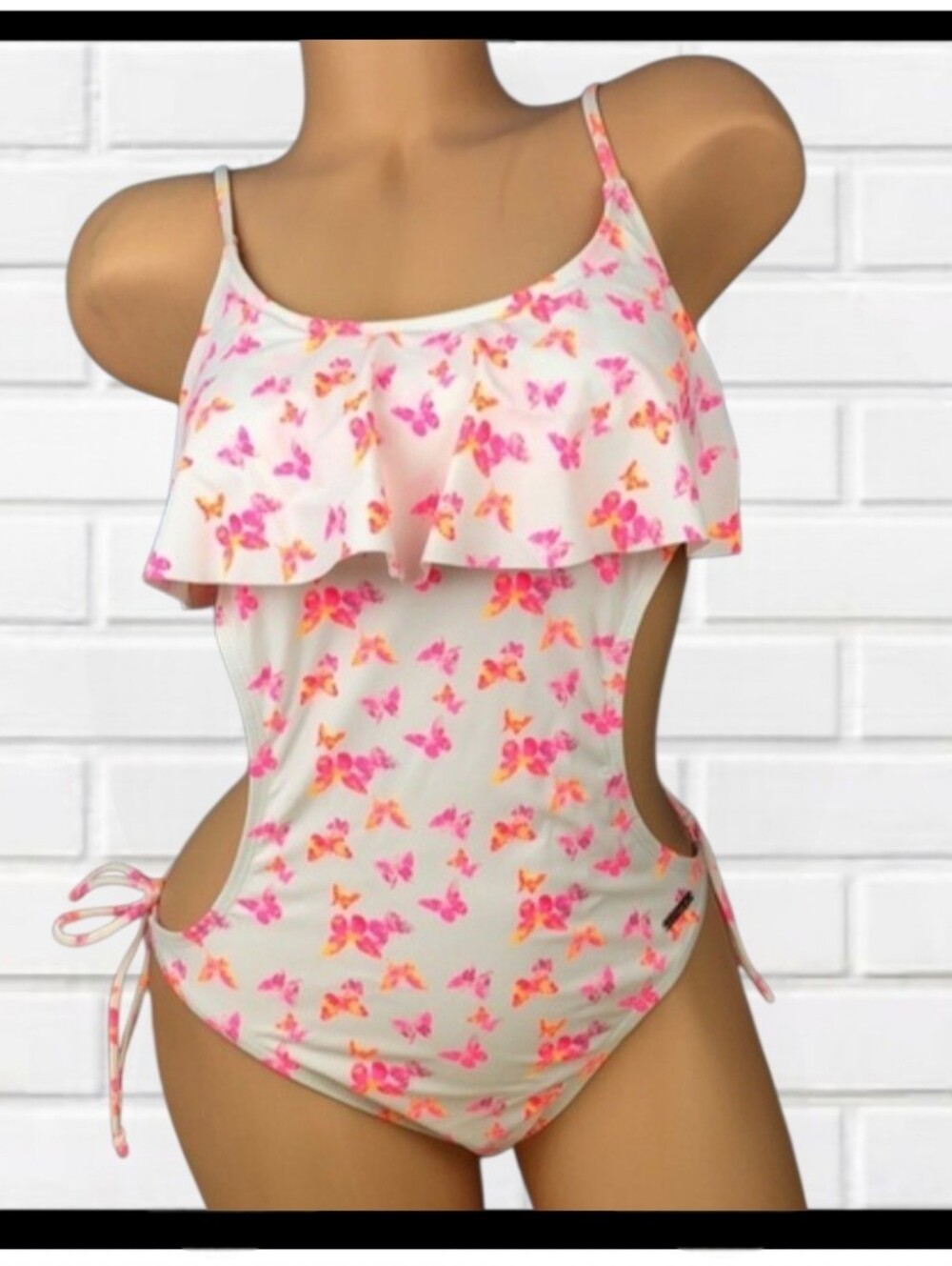 U.S. POLO Assn. Butterfly Print Cut-Out Monokini 1 Pc Swim Flounce Ruffle Sz Med